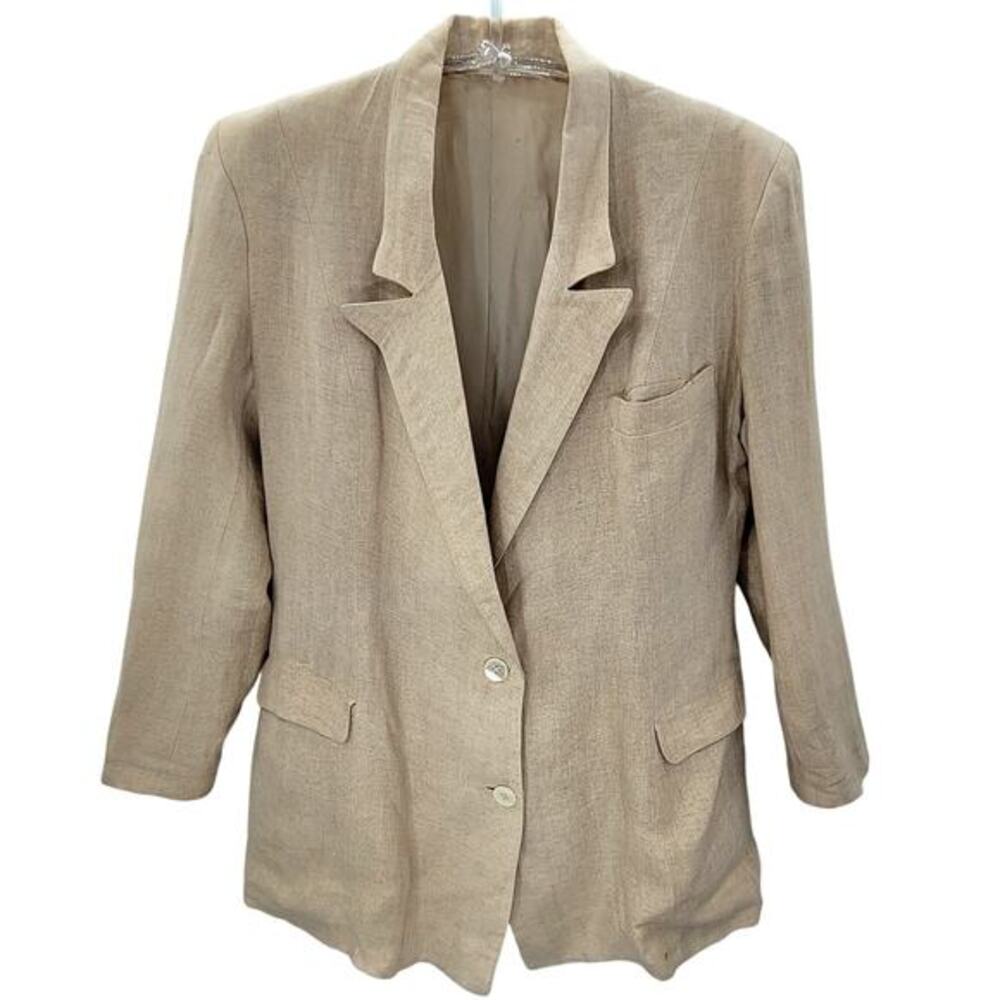 Vintage 80s Preppy Beige Linen silk or Rayon‎ 2 Button Mens Blazer Jacket